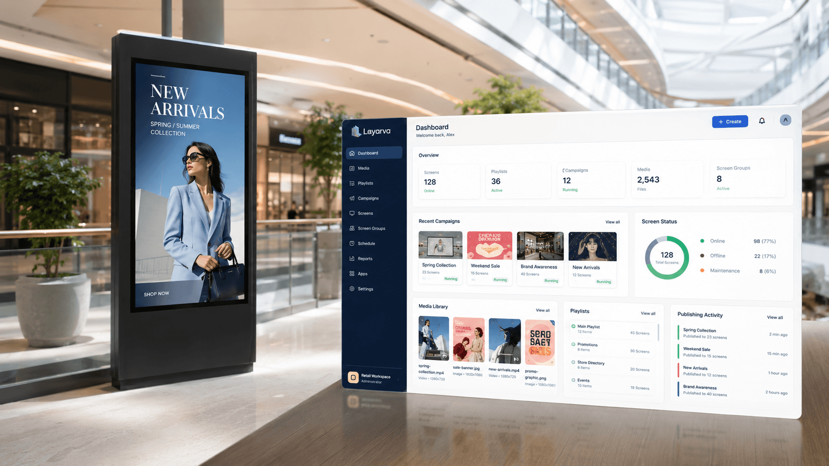 The Layarva dashboard showing a retail workspace with screens, the media library and campaign management